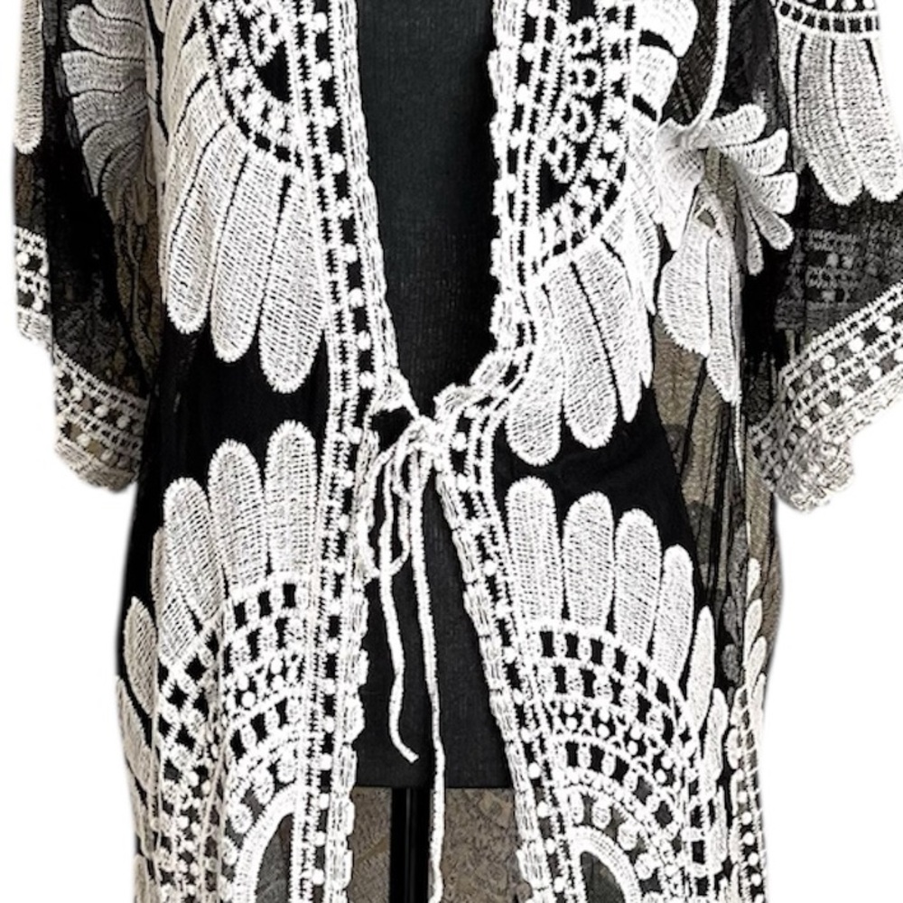 Cupshe Tie Front Sheer Black White Beach Cover Up - Picture 2 of 10